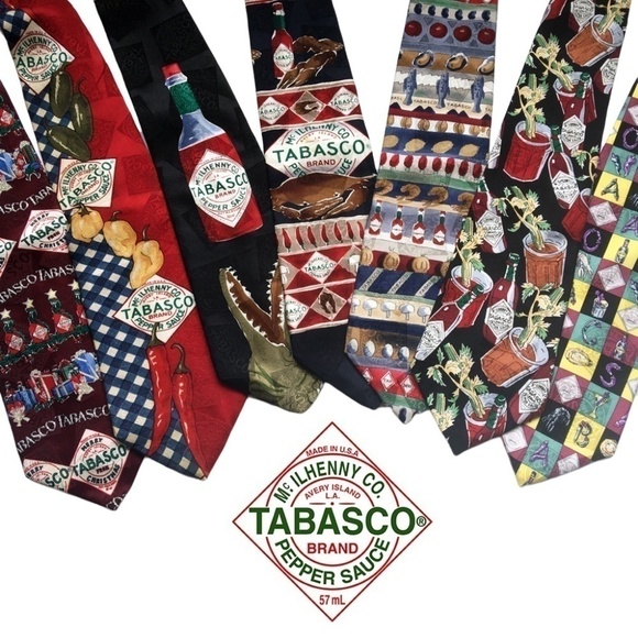 TABASCO Novelty Neckties Ties 100% Silk Made USA Lot 7 Graphic Hot Sauce Vintage - Picture 1 of 15